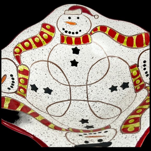 Grasslands Road Pottery Snowman Bowl Hats Winter Christmas Holiday Speckled Red - Picture 7 of 9